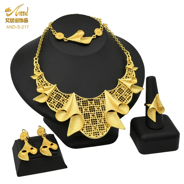 Indian Jewelry Set Wedding 24k Gold Color African Jewelry Dubai Bridal Sets Nigerian Necklace Bracelet Earring Gold Jewellery S-217-Gold