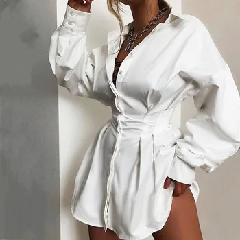 

2020 Elegant White Shirt Dress Women Lace Up TShirt Dresses Mini Autumn Summer Dresses Streetwear Long Sleeve Clothing Women