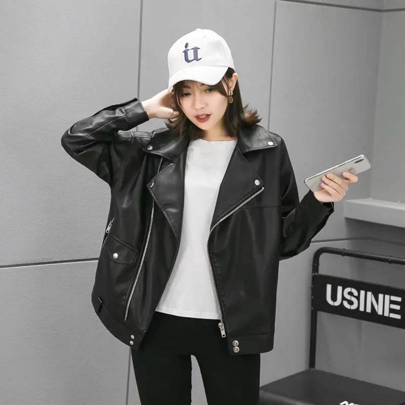 

NiceMix 2019 Spring Autumn Moto Biker Faux Leather Short Jacket Womens Black Pu Leather Jacket Ladies Punk Loose Motorcycle Coat