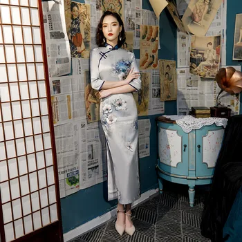 

Sheng Coco Women Above The Ankle Long Cheongsam Dresses Blue Flowers Long Sleeve Dignified Evening Dress Cheongsam Qipao Dress