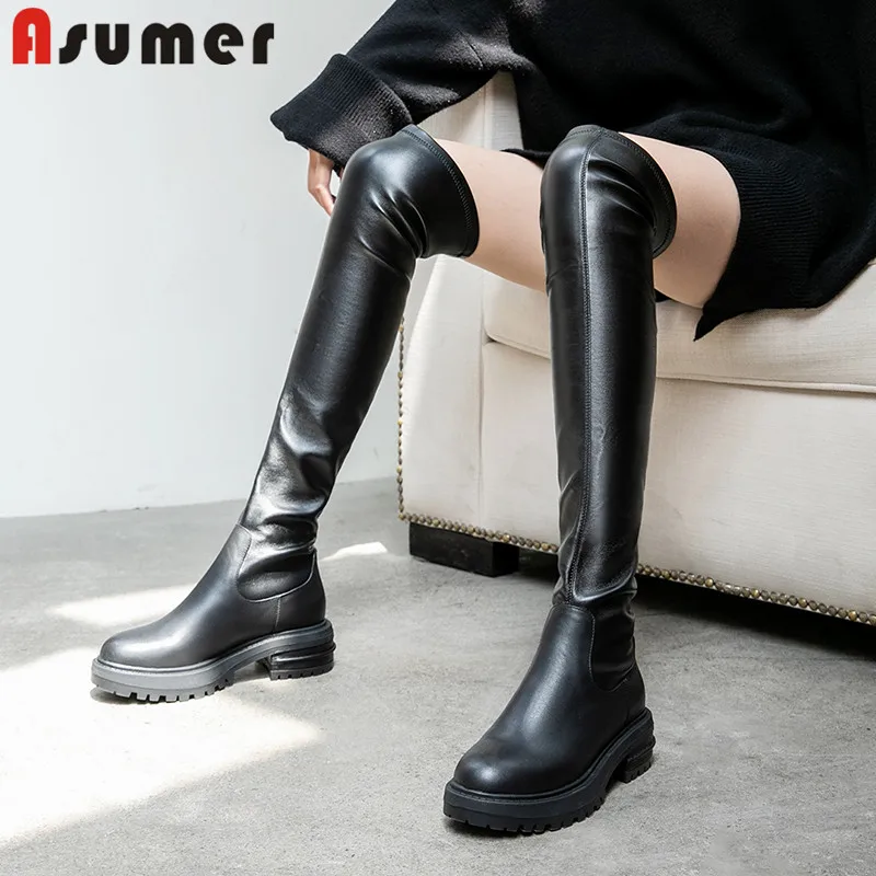 Женские ботфорты из натуральной кожи ASUMER черные Стрейчевые сапоги на платформе