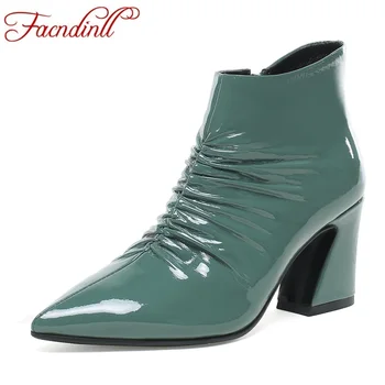 

FACNDINLL genuine leather shoes woman autumn winter ankle boots black red zipper high heels dress party shoes big size 34-43