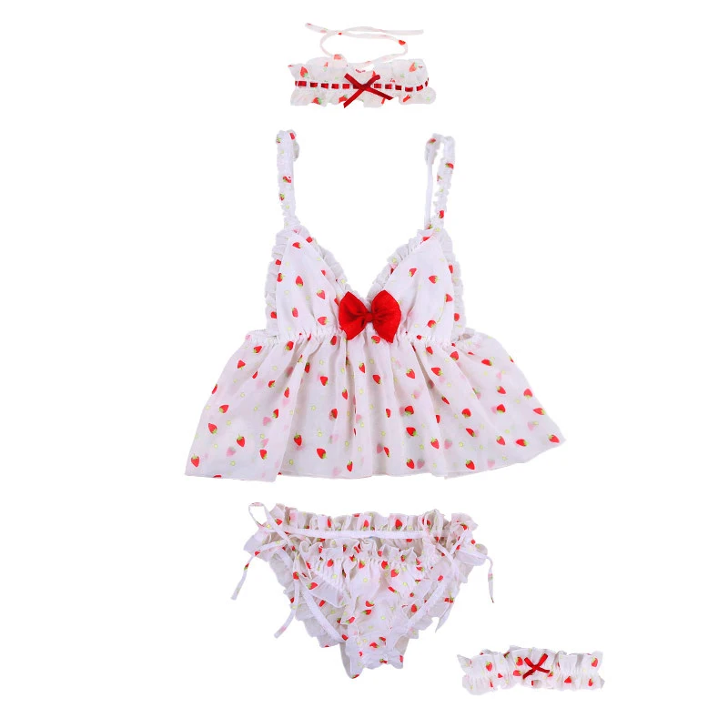 White new cute girl sexy lingerie Japanese strawberry pajamas suit night suit women sleepwear