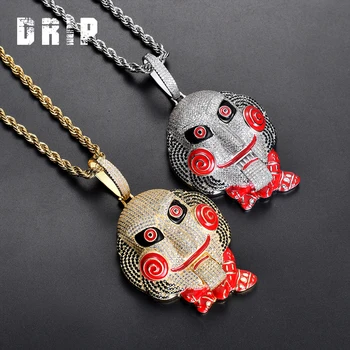 

Big Size Full Iced Out CZ Micro Pave Saw Doll Head Mask Pendant With 12mm Cuban Link Chain