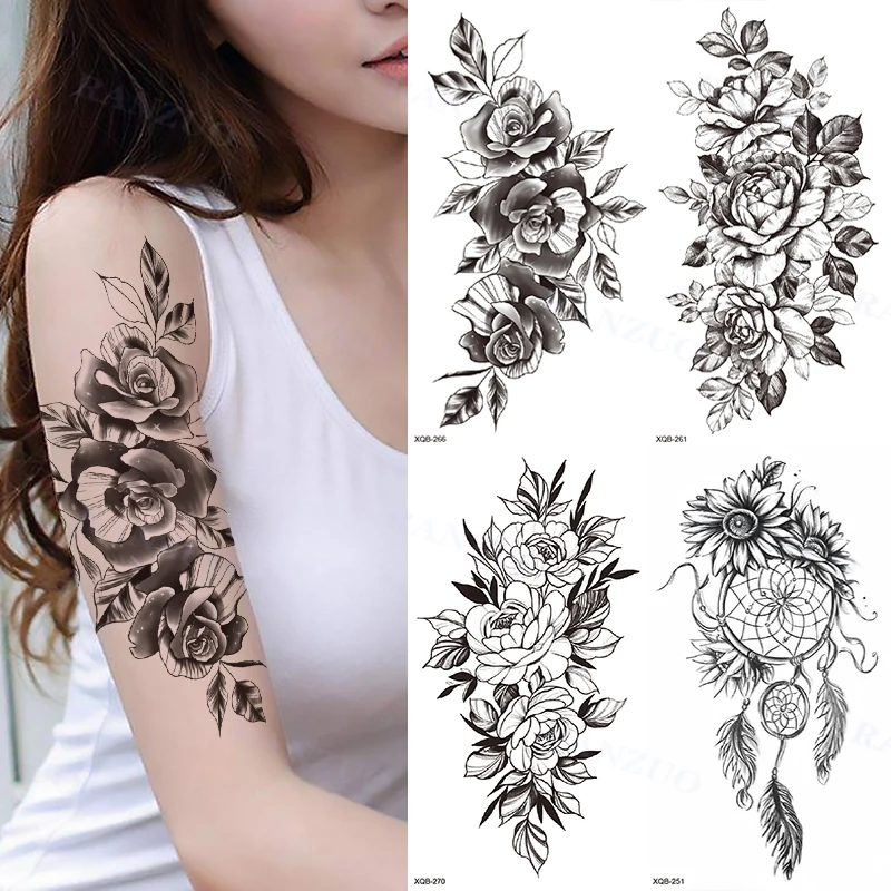 Waterproof Temporary Tattoo Sticker Black Rose Tattoo Fashionable Woman Tattoo Body Tattoo Sticker Full Flower Arm Tattoo TATY