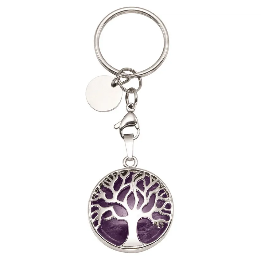 

FYJS Unique Silver Plated Tree of Life Circle Lobster Clasp Natural Purple Amethysts Round Key Chain Stone Jewelry