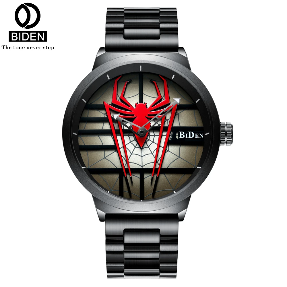 BIDEN мужской роскошный бренд часов полностью Стальные кварцевые часы водонепроницаемые мужские наручные часы модные спортивные часы Человек-паук