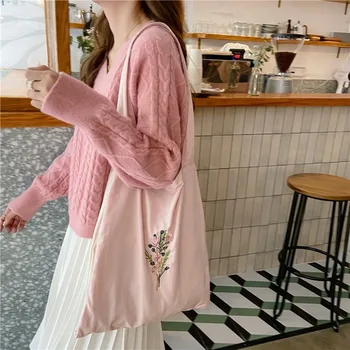 

Double Sided Women Shoulder Shopping Bag Flower Embroidery Large Canvas Tote Bag for Girls 2020 Student Eco Foldable Shopper Bag
