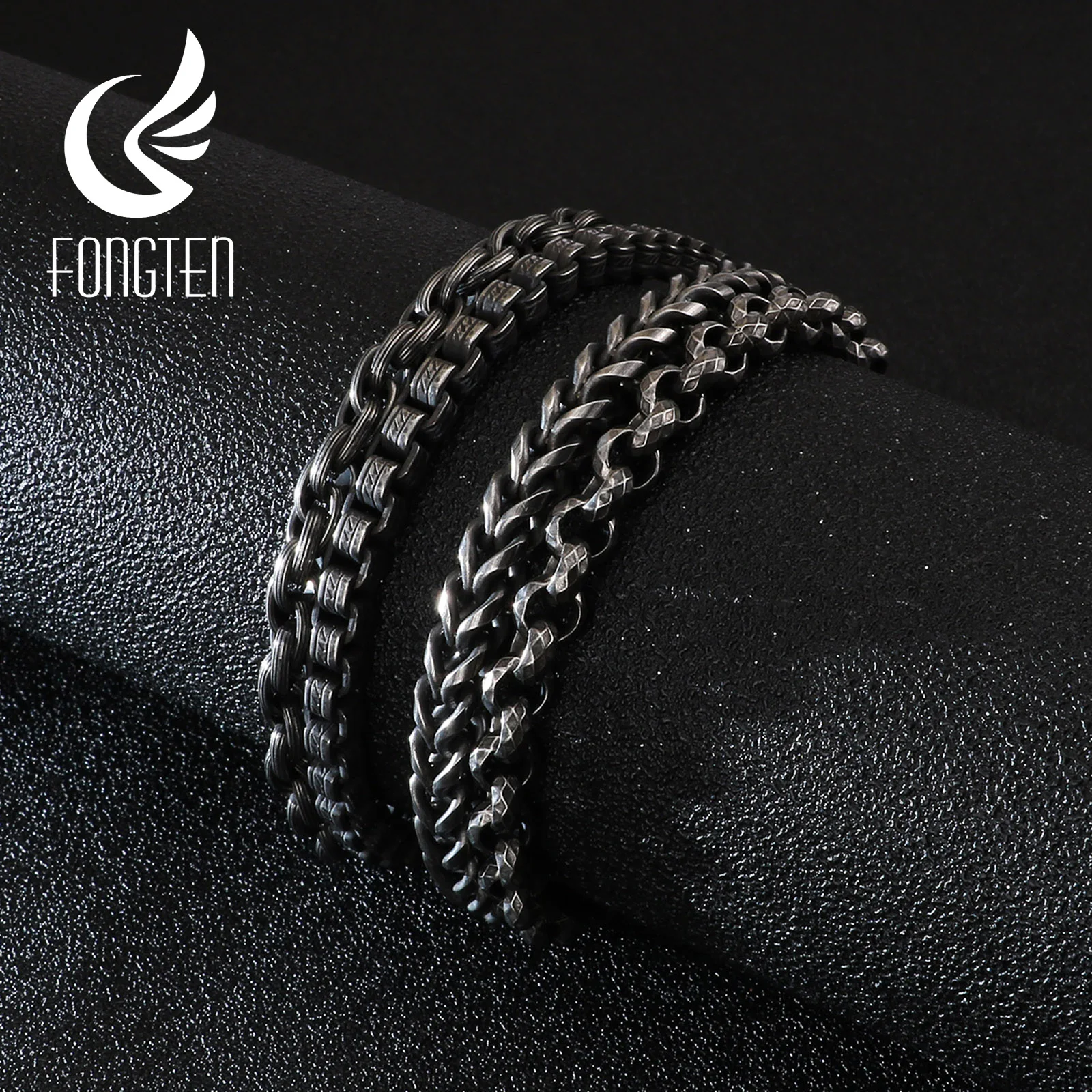 Fongten Two Layers Box Link Chain Bracelet Men Black Stainless Steel