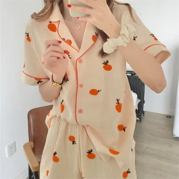 

Comelsexy Soft Women Pajamas 2020 New Fruit Print Pijama Mujer Two-piece Suit Autumn Short Pants Suits Loose Cotton Sleepwear