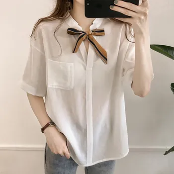 

Women Blouse Spring Autumn Solid Color Shirt Half Sleeve Shirts Ruffles Women Streetwear Pocket Chiffon Elegant Ladies Tops