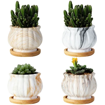 

4Pcs Marble Ceramic Flower Pot Mini Succulent Plant Flower Pot Household Flower Container For Home Store (Without Plants)