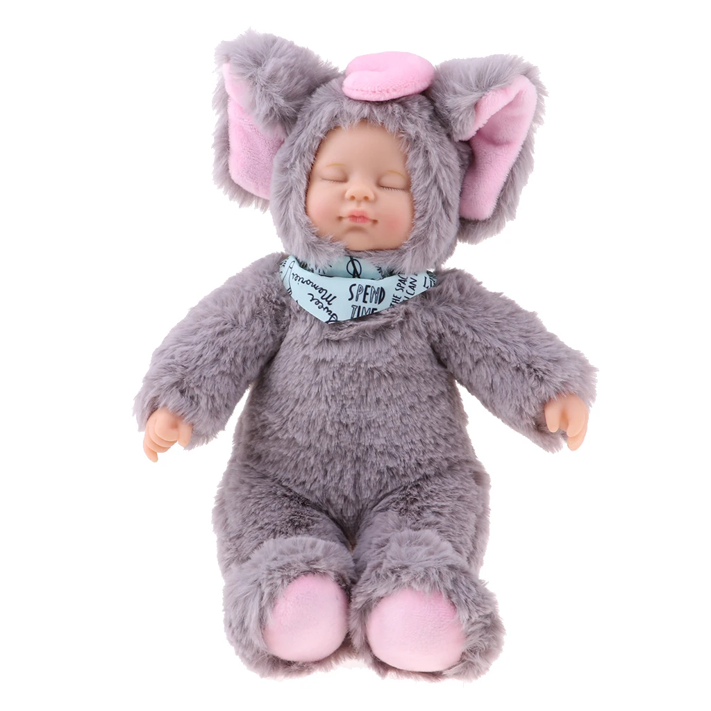 25cm Mini Stuffed Baby Doll Toys Silicone Reborn Baby Lifelike Kids Toys Sleep Reborn Doll Birthday Gifts (Gray Elephant)