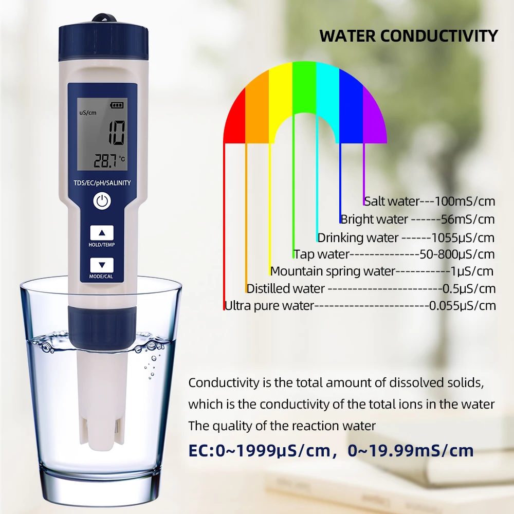 5 в 1 PH температура TDS EC Соленость метр водонепроницаемый с автоматической калибровки функция качества воды PH тестер Скидка 40