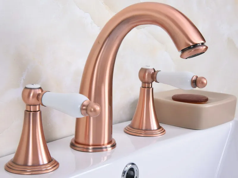 

Antique Red Copper Double Ceramic Handle Deck-Mount Three Hole Widespread Bathroom Bathtub Basin Faucet Sink Mixer Tap drg069