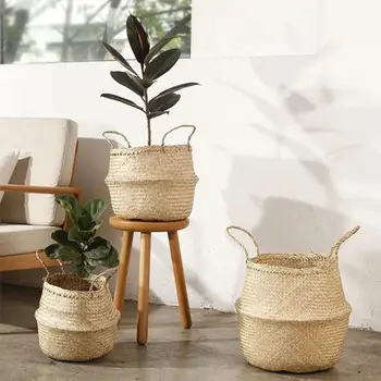

Plant Flower Pots Primary Color Portable Shopping Durable Storage Basket Handle Bag Rattan Straw Home Clothes Gift