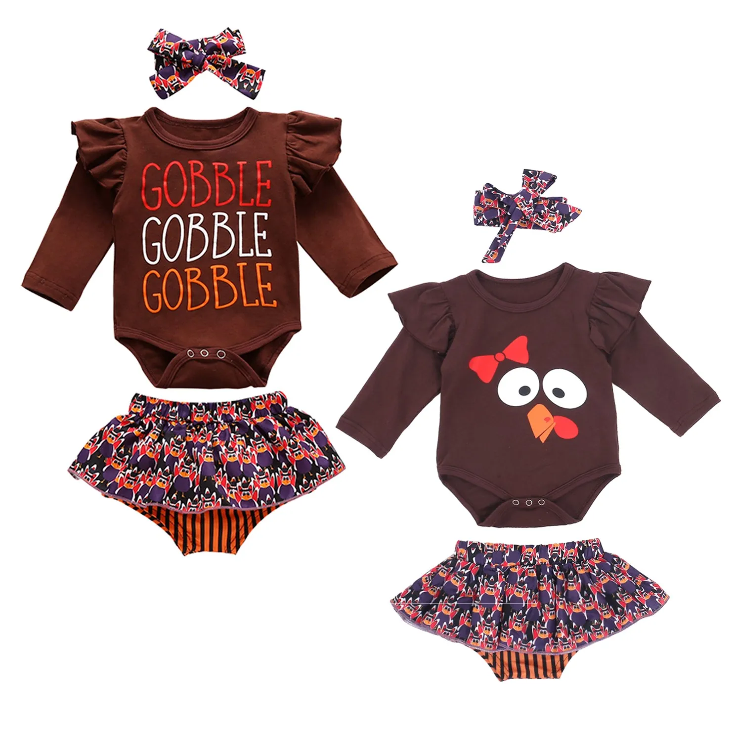 

2020 New Thanksgiving Infant Baby Girls Autumn 3Pcs Set Flared Long Sleeve Bodysuit+Turkey Print Skirt-style Shorts+Headband