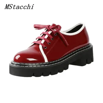 

MStacchi Classic Stitching Block Heel Sneakers Women Cross Lace-Up Patent Leather Comfortable Shoes Woman Leisure Shoes