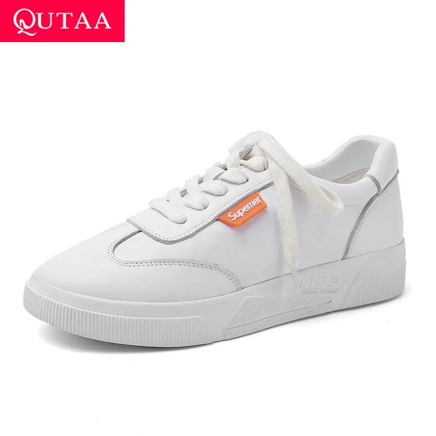 

QUTAA 2020 Wedge Heel Quality Cow Leather White Women Shoes Casual Round Toe Spring Autumn Platform Lace Up Sneakers Size 34-39