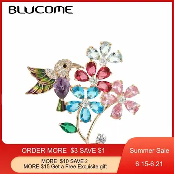 

Blucome Enamel Copper Wedding Bird Flower Brooches Women Cute Mix Color Zircon Rhinestone Animal Jewelry Spring Brooch Pins Gift