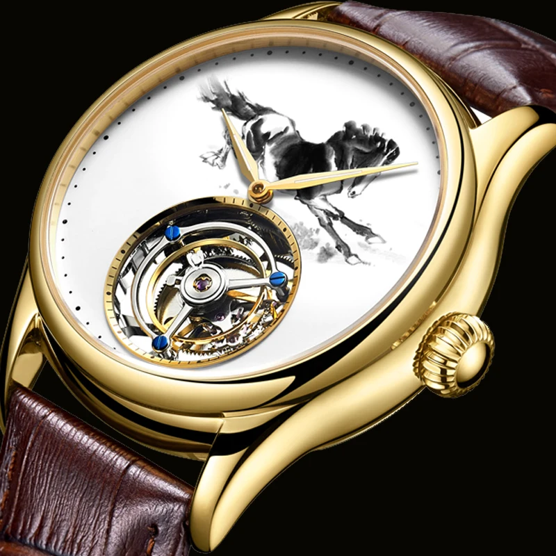 Реальные Tourbillon механические Для мужчин s часы Водонепроницаемый Скелет наручные