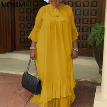 

VONDA Sexy Sleeveless Dress Flare Sleeve Pleated Ruffled Hem Long Maxi Dresses Bohemian Beach Vestido Summer Women Bow Neck Robe