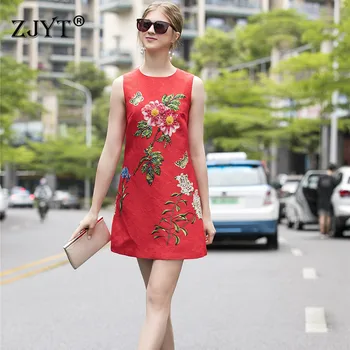

2020 New Runway Fashion Summer Dress Women's Elegant Sleeveless O Neck Flower Print Beading Above Knee Party Tank Dress Red