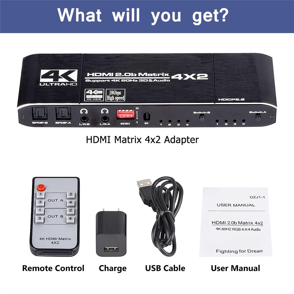 HDMI матричный 4x2 4K@ 60Hz HDR переключатель разветвитель 4 в 2 из YUV 4:4:4 оптический SPDIF+ 3,5 мм разъем аудио экстрактор HDMI коммутатор