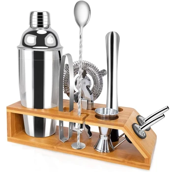 

Cocktail Shaker Set with Stand-10 Pieces Stainless Steel Bartender Kit with Bamboo Base Includes 750Ml Martini Shaker