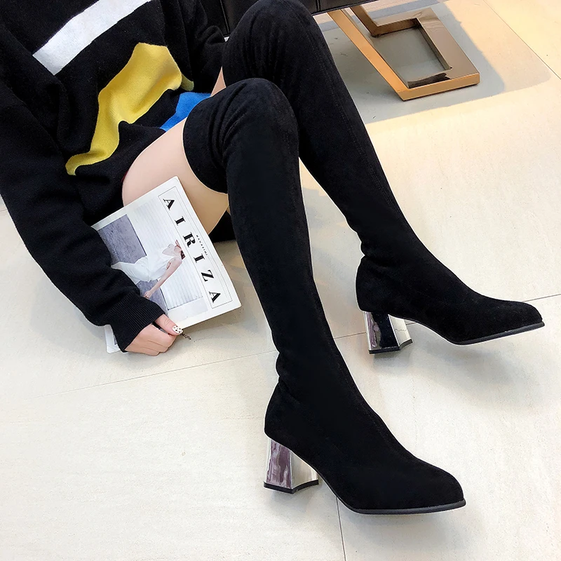 Женские сапоги пикантные Сапоги выше колена из эластичной ткани высокие сапоги до бедра замшевые сапоги на высоком каблуке женская зимняя обувь женская обувь, большой размер 43