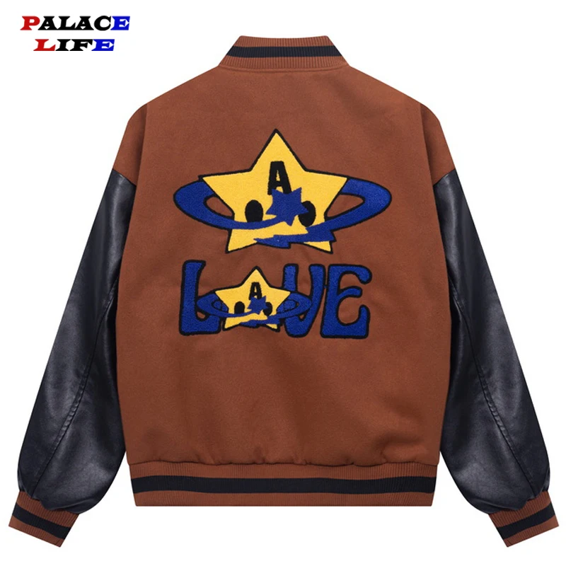 

Mens Hip Hop Varsity Jackets Furry Stars Patchwork Color Block Bomber Jackets Streetwear Fashion Baseball Coats Unisex 2021FW