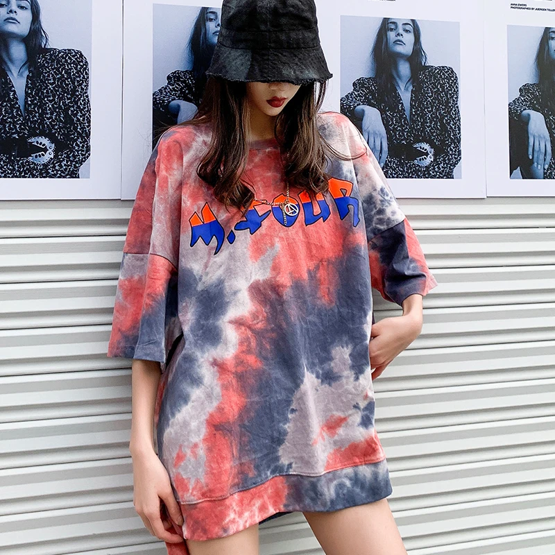 Женская футболка Tie Dye лето 2020 круглый вырез хип-хоп большие размеры хлопковые