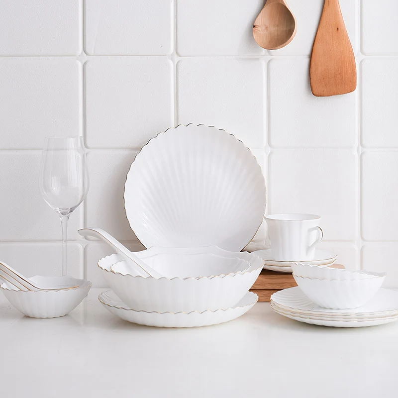 

White Shell Glass Dinnerware Set with Gold Rim Dinner Plates Noodle Salad Bowl Espresso Coffee Cup Saucer Spoon for Food Nordic
