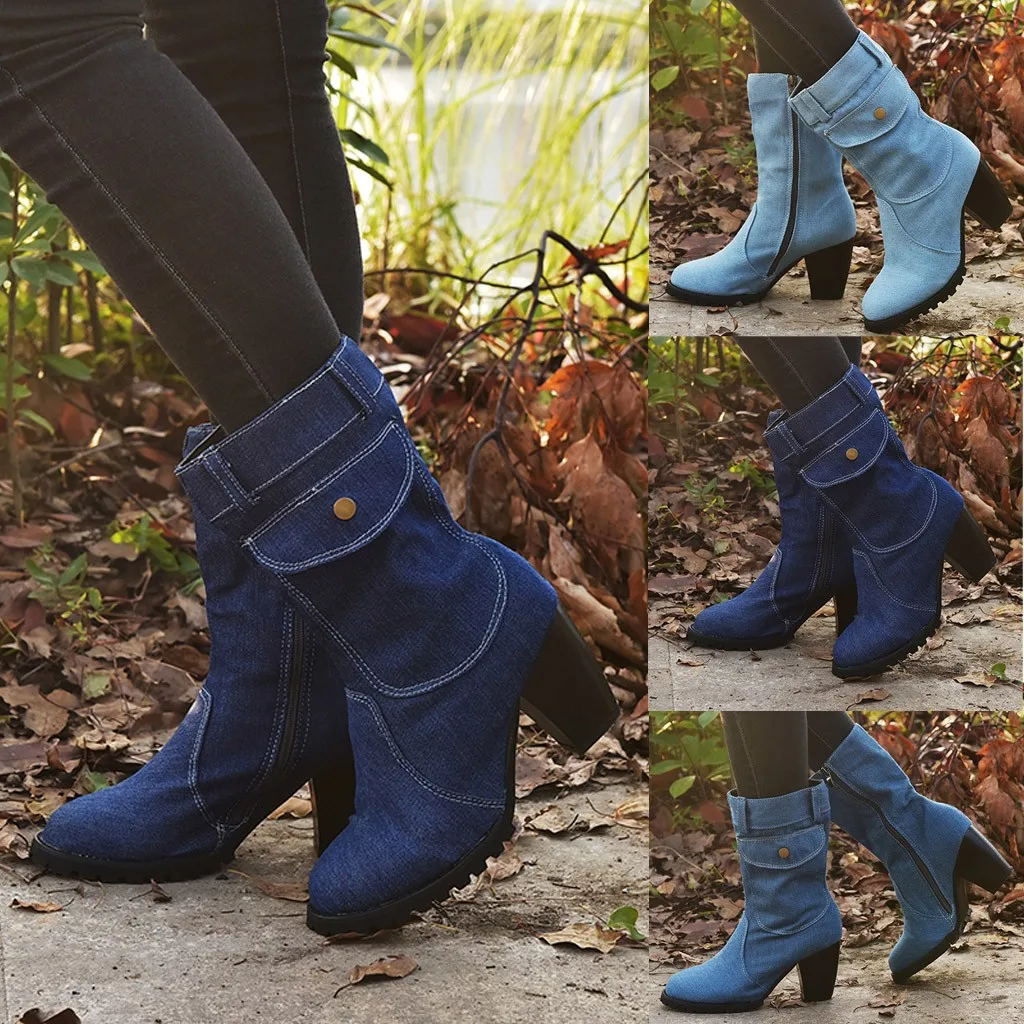 Fashion Women Boots European American Style Large Size High Heel Denim Mid-Tube Platform Women's Winter Warm Boots Plus Size 40