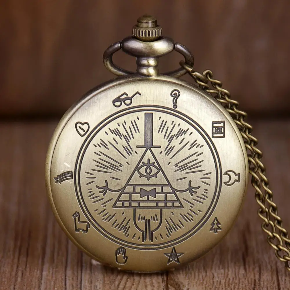 

New Vintage Bronze Bill Cipher Gravity Falls Quartz Pocket Watch Analog Pendant Unisex Watches with Fob Chain CF1034