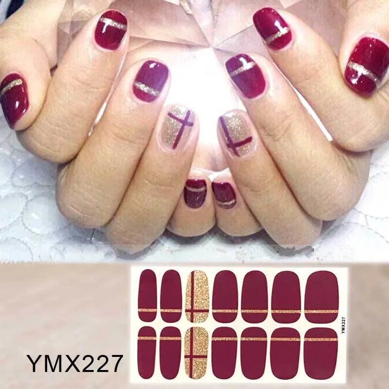 YMX-227 14 стикеров для нейл-арта, Цветная Клейкая наклейка, сделай сам, маникюрный Сияющий лак для ногтей с блестками, полоски, обертывания, аксессуары для женщин - Цвет: YMX-227