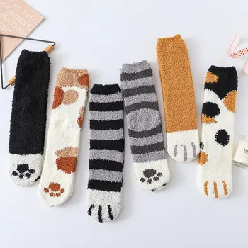 

Coral Velvet Socks Winter Thickening Fashion Cute Cat Claws Creative Embroidery Cotton Women Socks Top Quality Warm