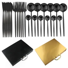 24 шт. роскошный золотой набор столовых приборов 304 нержавеющая сталь нож вилка ложка набор посуды черный набор столовых приборов с роскошной деревянной подарочной коробкой