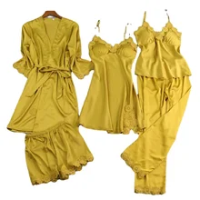 Pajamas Women's Five-Piece Sexy Ice Ribbon Chest Pad Nightdress Women's Spring and Autumn Artificial Silk Ladies' Robe Homewear