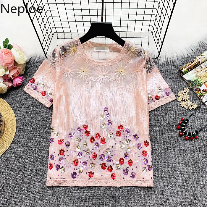 Neploe/Новинка; 3D футболка с бусинами для ногтей; Femme; топ с блестками; перспективная кружевная Сетчатая футболка с короткими рукавами; женская модная Тяжелая футболка; 54367