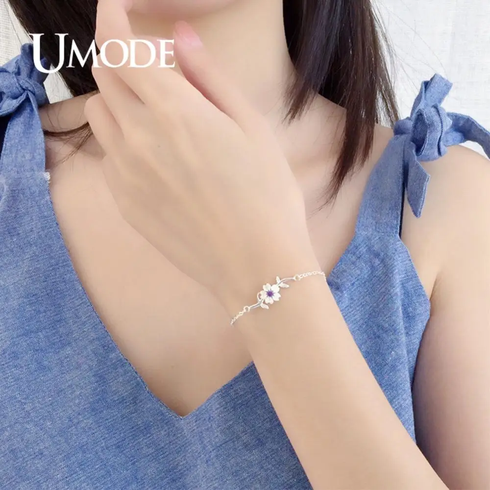 UMODE, новинка, 925 пробы, серебряный, фиолетовый, розовый, циркон, Сакура, цветок, браслеты для женщин, звено цепи, регулируемые ювелирные изделия, ALB0135