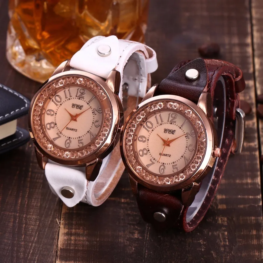 

Hot Fashion Women Genuine Leather Rhinestone Watch Casual CCQ Clock Female Quartz Diamond Watch Relogio Feminino