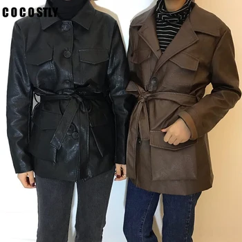 

Korean Style Autumn Retro Long Sleeve Waist Belt PU Leather Jacket Women Coat Loose Mid-long Leather Coat Female