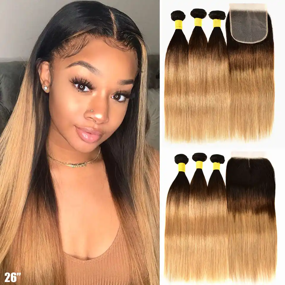 Ombre Straight Hair Weave Brazilian Human Hair Bundles With Closure 1b 4 27 Remy Bundles Hair Extensions Zing Silky Hair Vendors 3 4 Bundles With Closure Aliexpress - black wave hair extensions w blonde ombre one roblox