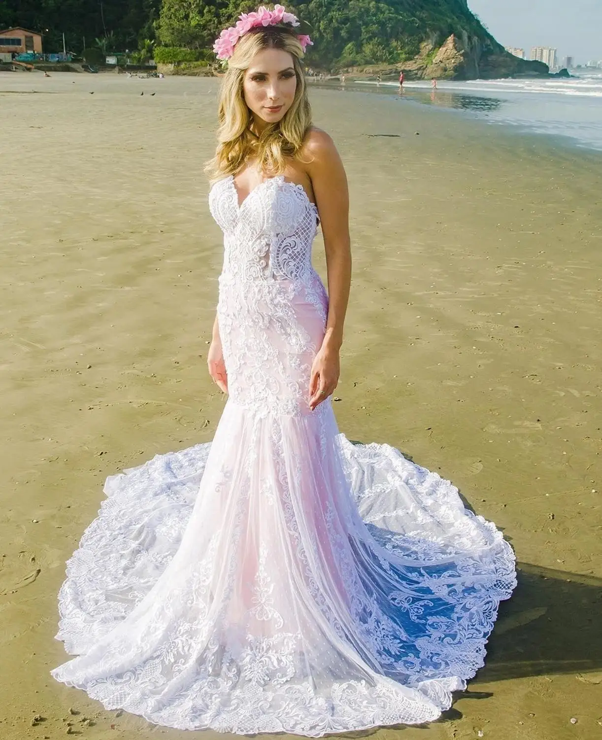 2020 Элегантное свадебное платье кружевное розовое русалки с шлейфом Милая Длина