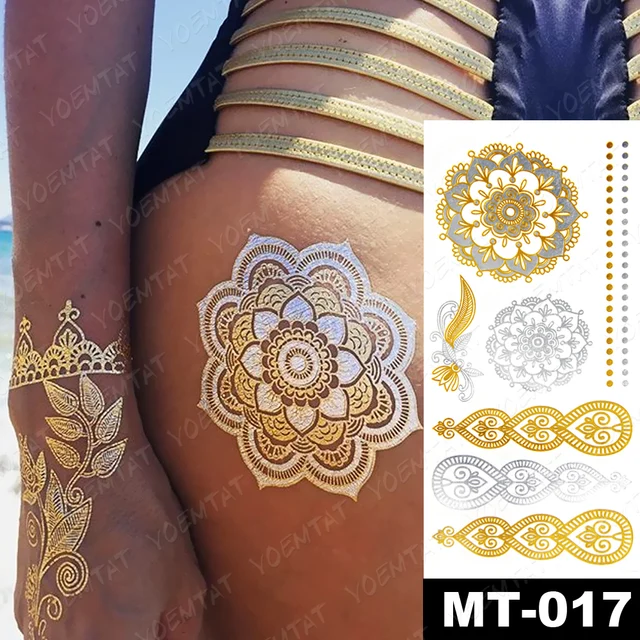 Autocollant de tatouage temporaire, résistant à l'eau, Mandala henné, or argent, Flash métallique, Boho, bijoux de fête, Bracelet à paillettes, Art corporel 4