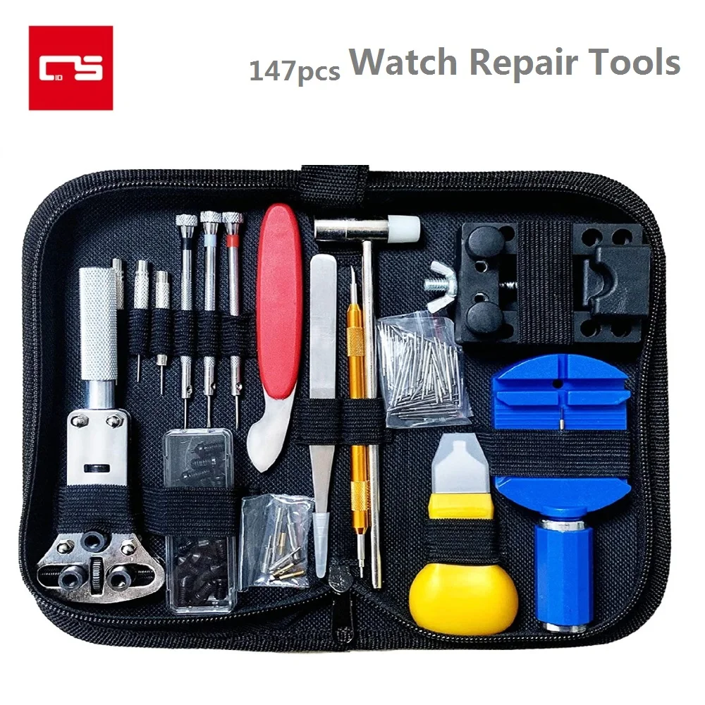 

Набор инструментов для ремонта часов 147 шт., набор отверток, пружинный стержень для открывания чехла, снятия звеньев браслета часов, набор ручных инструментов, молоток, пинцет