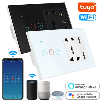

Tuya Smart Life Socket USB with Switch WiFi LED Light Touch Wall Switch 3 gang and Universal Socket Compatible Alexa Google Home
