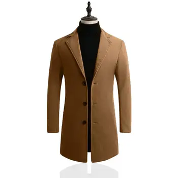 

ZACOO Men Slim Single-breasted Woolen Coat V-Neck Solid Color Lapel Over Size Middle Long Overcoat