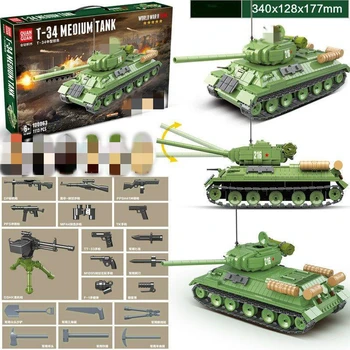 

New 1113pcs Military WW2 T-34 Medium Tank Building Blocks Model Technic Soviet Union Tank Military Soldier Weapon Figures Toys